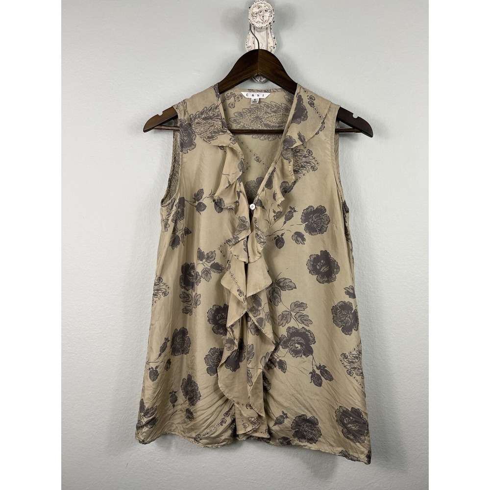 CAbi 100% Silk Blouse Sleeveless Tranquil Floral Ruffle Style #149 Size Small‎